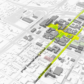 A map of the universoty campus showing two long parallel roads running through it, bisected by a shorter road.