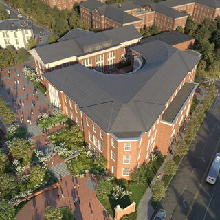 Aerial view of a complex of brick buildings