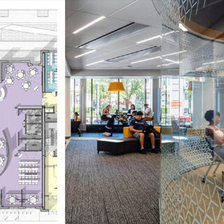 College students sit at tables in a large, ellipse-shaped space. A diagram shows how furniture in the room is arranged.
