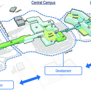Map showing three connected groups of buildings