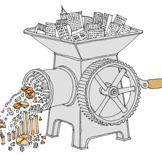 Illustration of buildings being fed into a meat grinder.