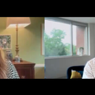 A woman and a man on screen