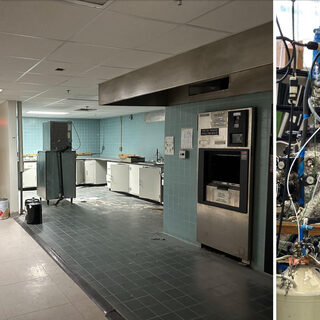 An empty and messy laboratory, and a tangle of wires
