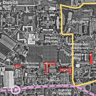 Map with lines around five buildings.